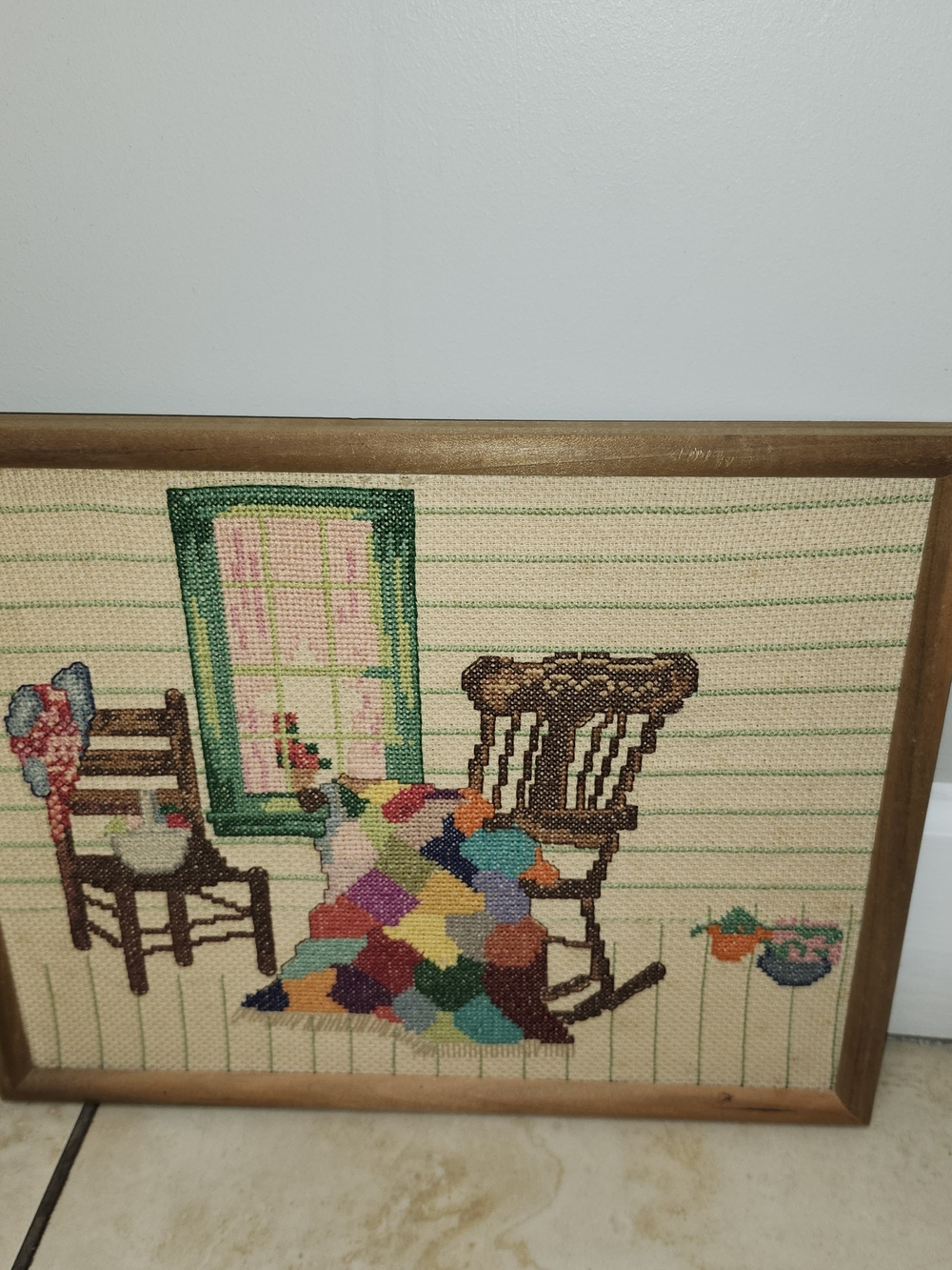 Framed Needlepoint Quilt & Chairs Porch Wall Art 12×14